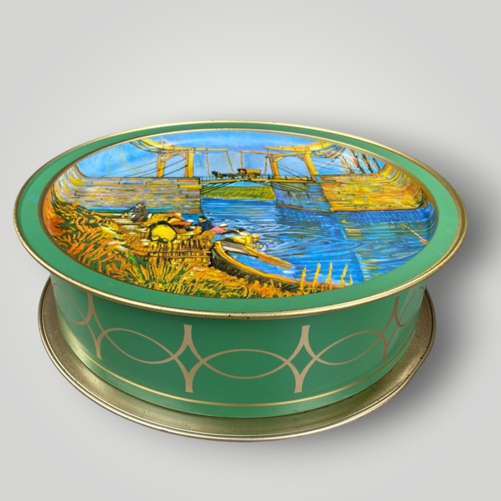 Sunshine Biscuits Van Gogh Art Tin 13.5" Green Gold Storage Box Midcentury